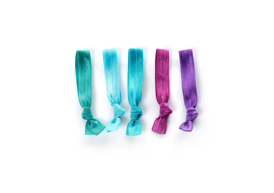 Vibrant - InStyler All Tied Up Hair Ties-Five ties in amethyst, aqua, turquoise, emerald and ruby. Laid in a line on white background.