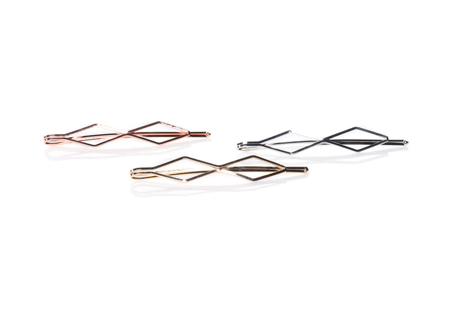 GeometricMetallics -  InStyler Geometric Pin It Up Bobby Pins-in gold, rose gold and gold metallics laid on white background