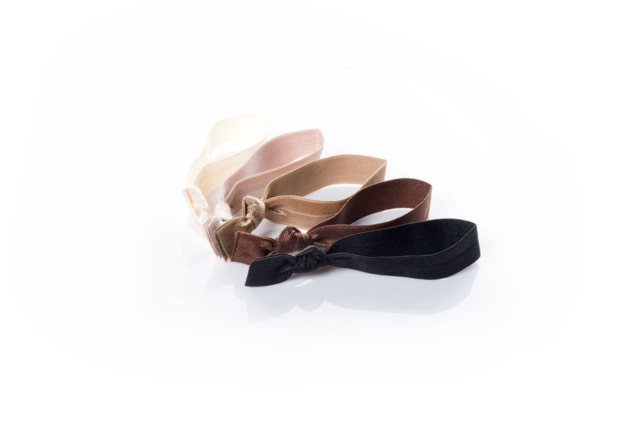 Nudes - InStyler All Tied Up Hair Ties-Five ties in silk, caramel, toffee, chestnut and noir. Laid on side on white background. 