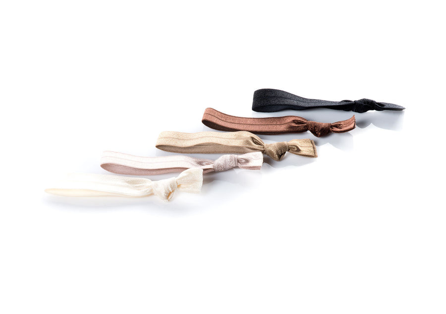 Nudes - InStyler All Tied Up Hair Ties-Five ties in silk, caramel, toffee, chestnut and noir. Laid on white background.