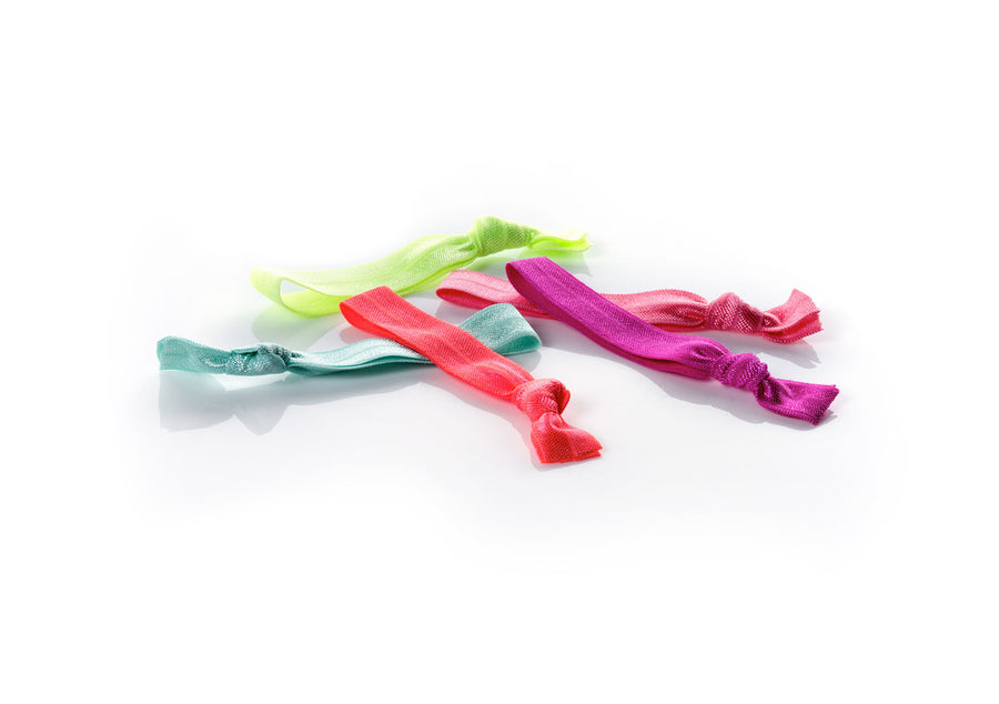 Brights - InStyler All Tied Up Hair Ties-Five ties in in coral, watermelon, sky, hot pink and citron. Laid on white background.