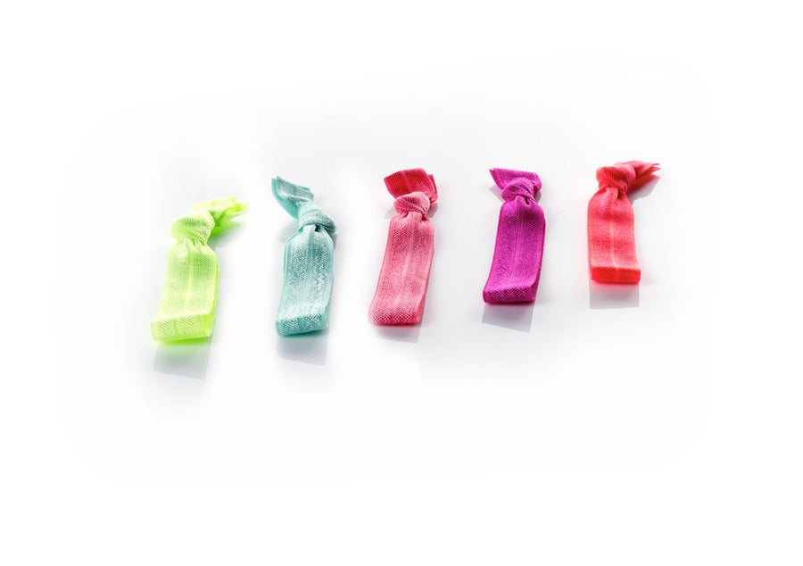 Brights - InStyler All Tied Up Hair Ties-Five ties in coral, watermelon, sky, hot pink and citron folded and lined up on white background