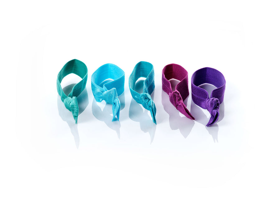 Vibrant - InStyler All Tied Up Hair Ties-Five ties in amethyst, aqua, turquoise, emerald and ruby. Laid on side on white background.