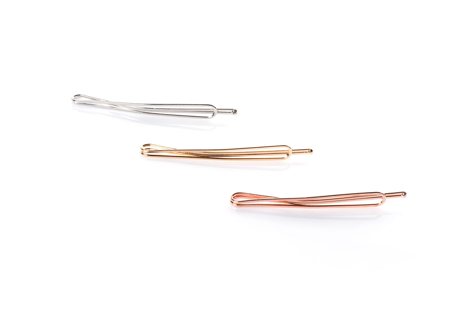 TeardropMetallics -  InStyler Teardrop Pin It Up Bobby Pins-side view of pins in gold, rose gold and gold metallics