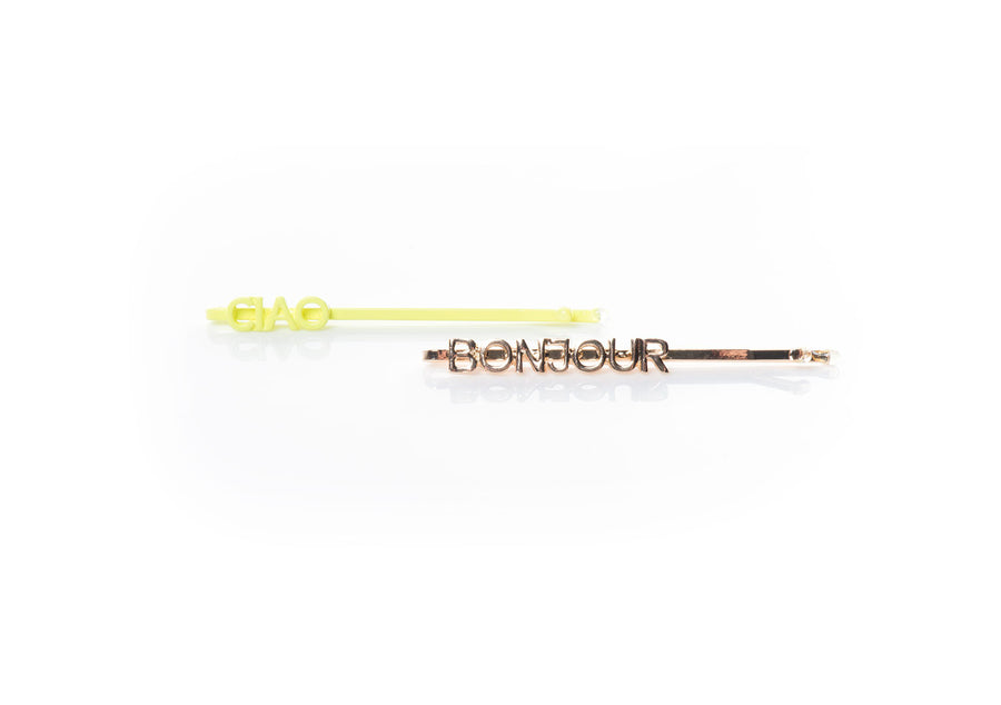 Hello Word Play Hair Pins-yellow Ciao and gold Bonjour-close view-InStyler