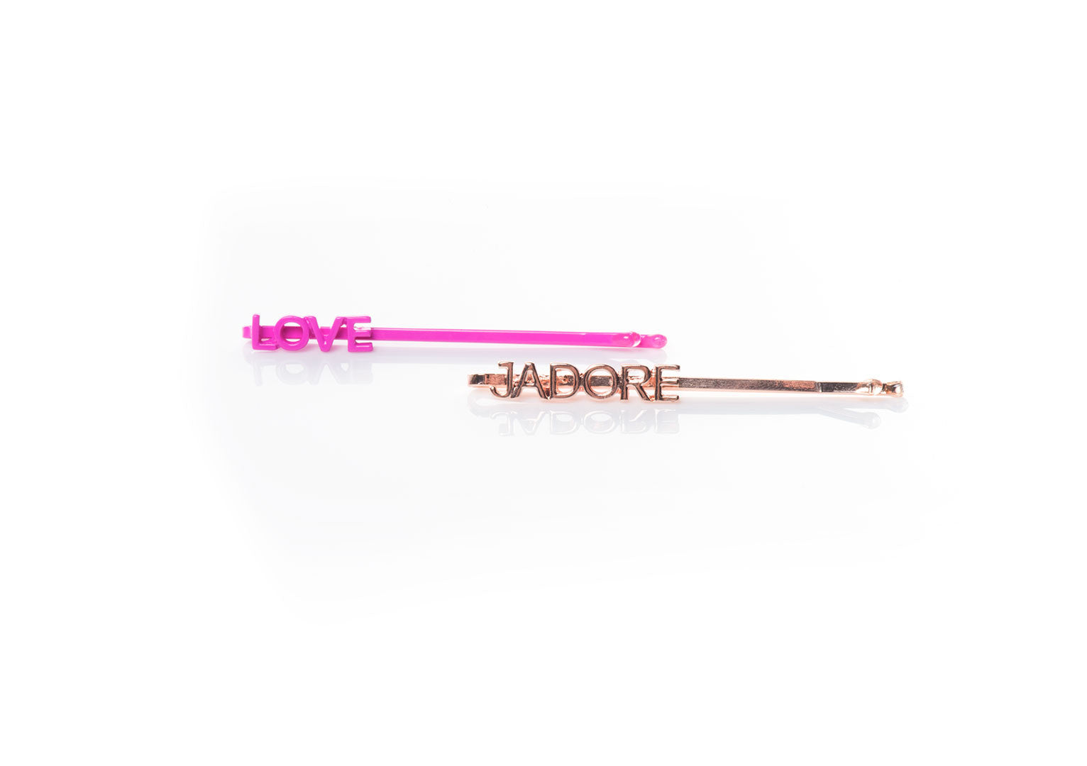 Love - Word Play Hair Pins-pink LOVE and gold Jadore side view-InStyler