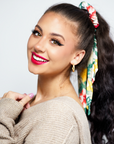 Scarf Scrunchie Set -- InStyler-Model with long black hair with red and orange floral scrunchie on her ponytail 