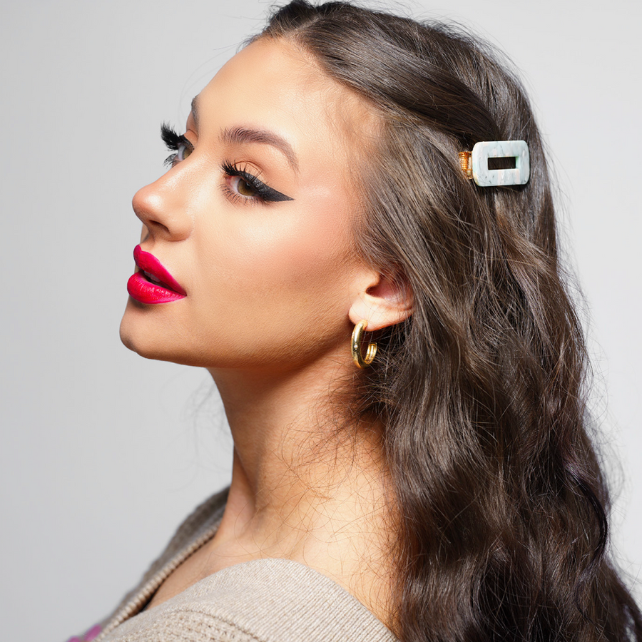 Hair Barrettes -- InStyler-Photo of model with brown hair wearing blue and white barrette