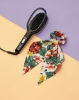 Scarf Scrunchie Set -- InStyler-Red and orange floral scrunchie next to hot brush iron