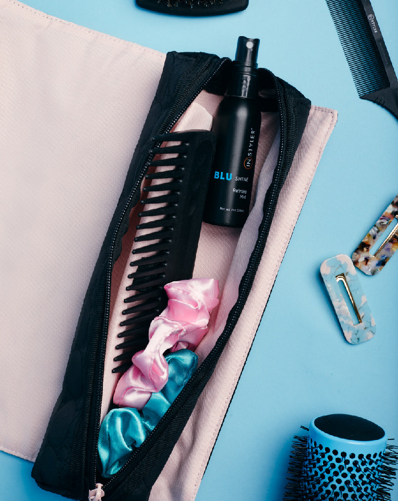 Heat Resistant Travel Bag -- InStyler-photo with comb, spray bottle and scrunchies inside.