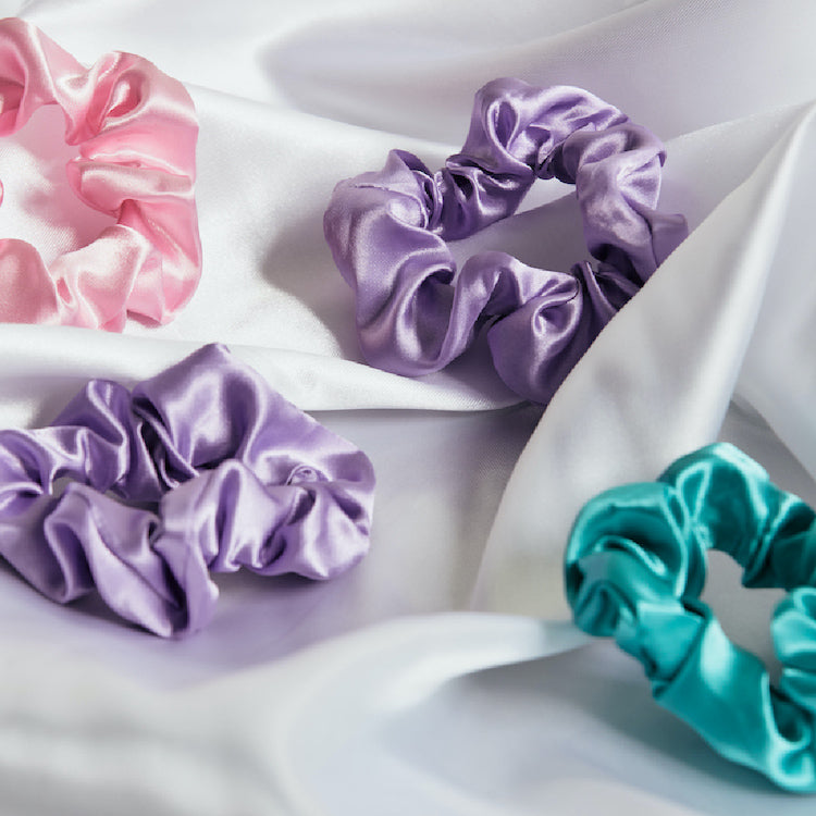 Satin Scrunchie Set -- InStyler-Close up of scrunchies in pink, lavender and turquoise